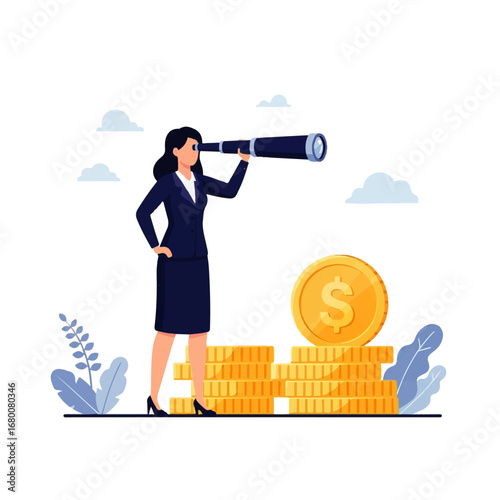 A businesswoman uses a telescope to survey a large pile of gold coins, symbolizing financial planning and future prosperity.