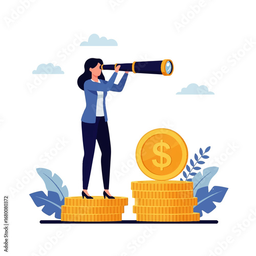 A businesswoman, standing on a stack of gold coins, uses a telescope to search for future financial opportunities against a bright, optimistic sky.