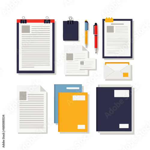 Flat lay showcasing various office stationery items including documents, pens, notepads, and envelopes, conveying a sense of organized productivity.