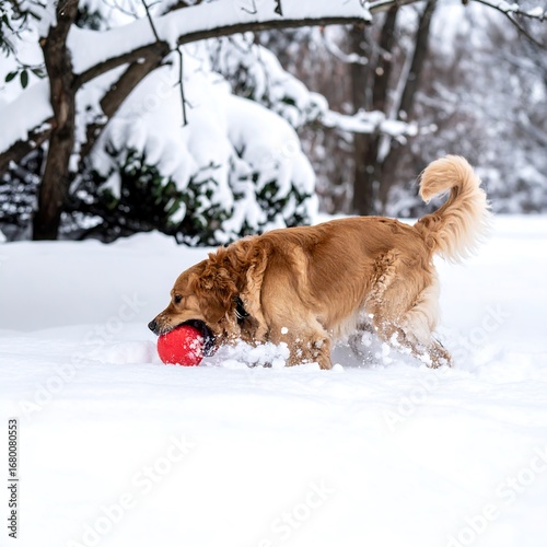 Golden retriever playing fetch in snow