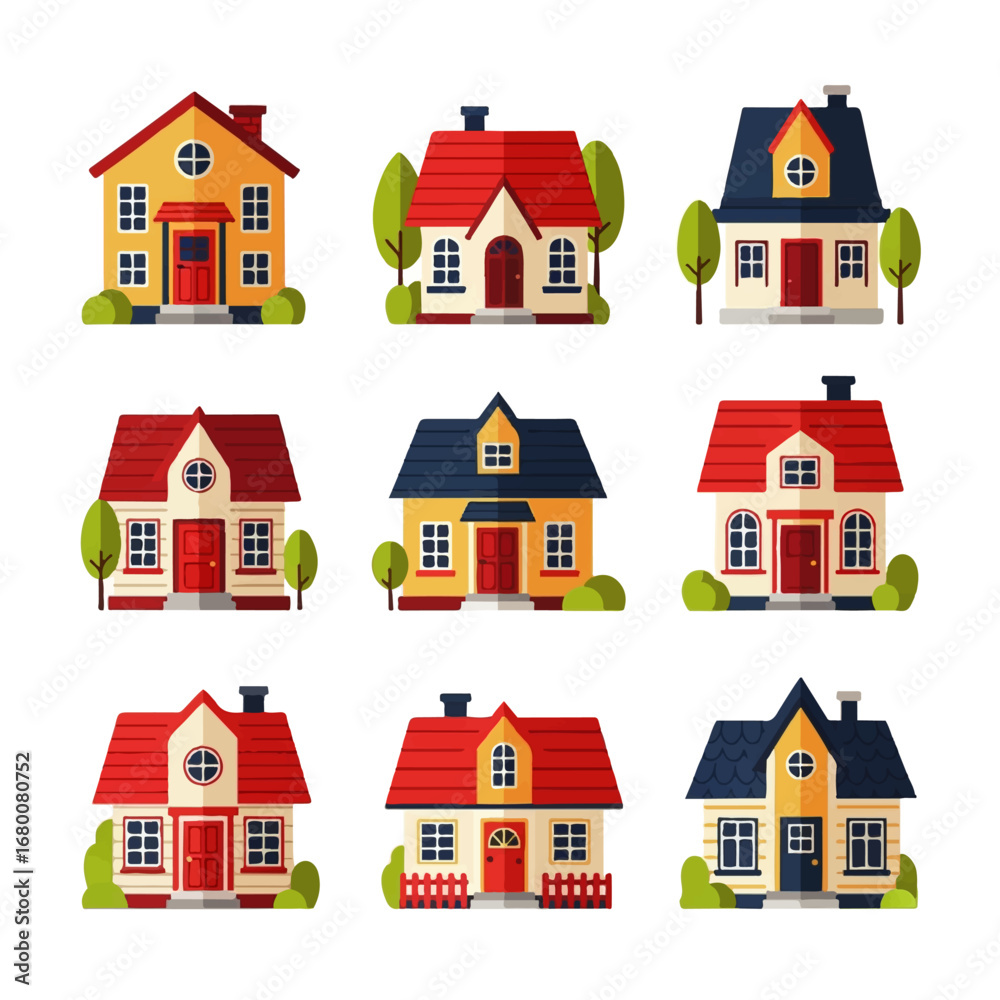 Fototapeta premium Nine charming suburban houses with red and yellow accents, neatly arranged, showcasing a cheerful and inviting neighborhood aesthetic.