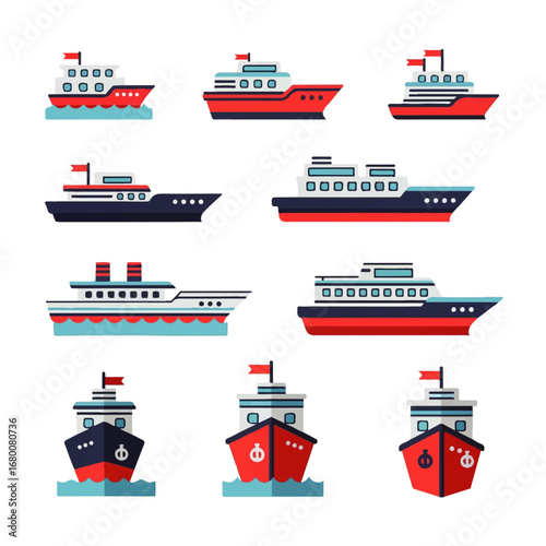 A collection of diverse cruise ships and passenger boats sailing on calm waters, showcasing various designs and sizes in a flat, minimalist style.