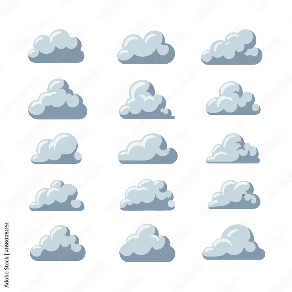 Obraz premium A collection of fifteen diverse cartoon clouds floats serenely against a white background, conveying a lighthearted and whimsical mood.
