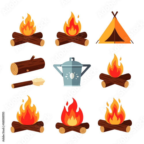 Campfire icons depicting burning logs, a tent, cooking pot, tinder, and firewood, illustrating a warm and cozy outdoor adventure.