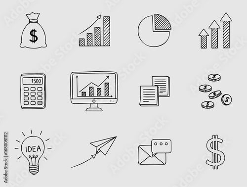 Business finance doodle icons with money chart coin calculator and idea
