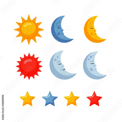 Colorful cartoon sun, moon, and stars arranged against a white background, conveying a whimsical and dreamlike celestial scene.