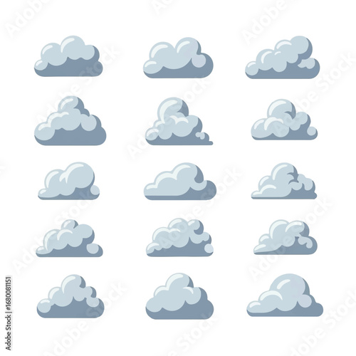 A collection of fifteen diverse cartoon clouds floats serenely against a white background, conveying a lighthearted and whimsical mood.