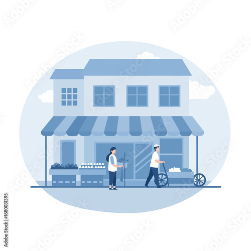 Illustration of a storefront with a striped awning, a woman standing by flowers, and a man pulling a cart.