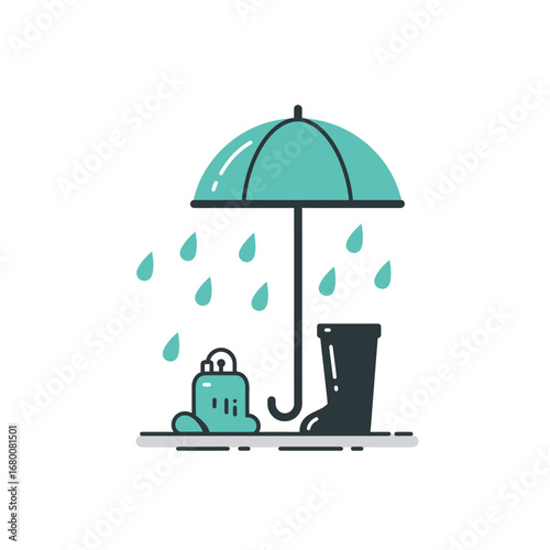 Illustration of an umbrella protecting a melted candle and a rain boot from falling raindrops.