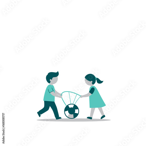 Two children working together, pushing a wheelbarrow with a soccer ball.