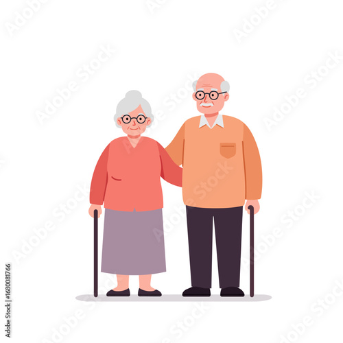Elderly couple standing together, the man has his arm around the woman's shoulders. They are both using walking sticks.
