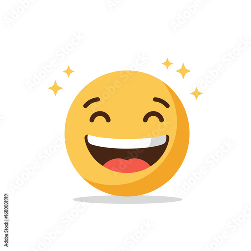 A cheerful, yellow emoji with a wide, happy smile and sparkling stars.