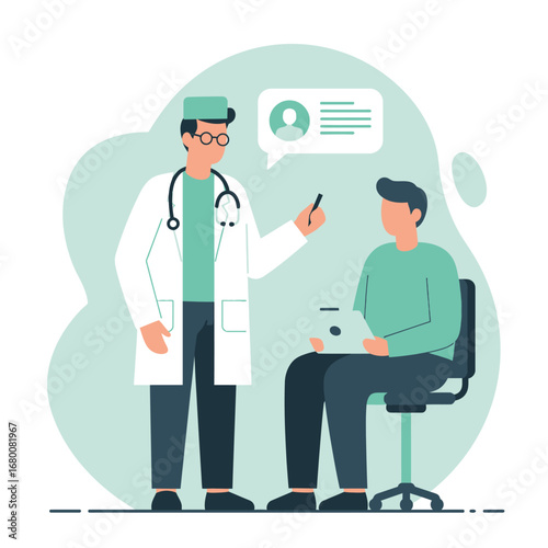 Doctor in a white coat with a stethoscope is consulting with a patient sitting on a chair.