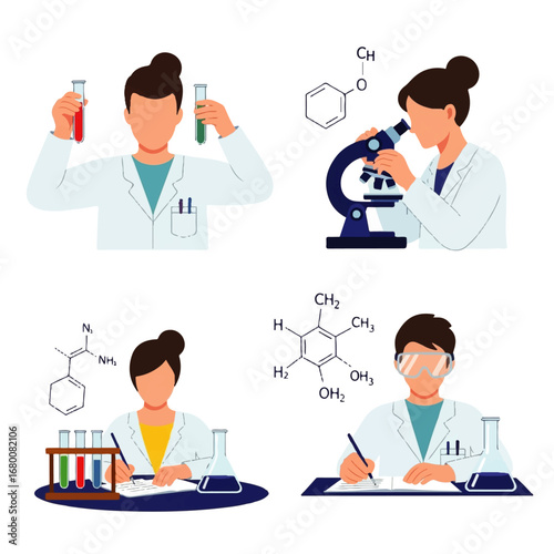 Four scientists diligently conduct experiments, meticulously recording data in a modern, clean laboratory setting, fostering a spirit of scientific discovery.
