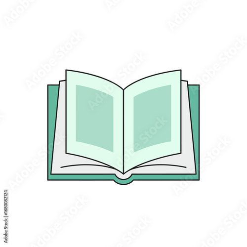 Illustration of an open book with light green pages and a teal cover, isolated on a white background.