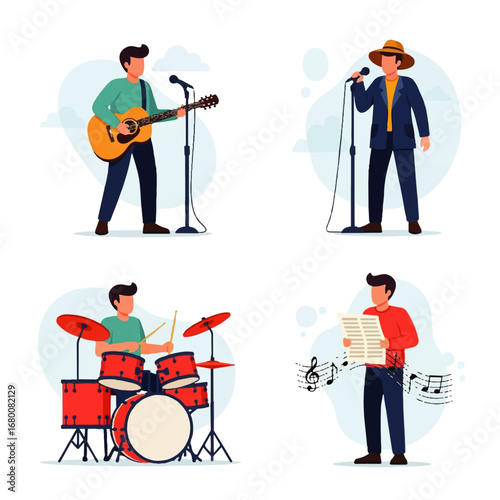 Musicians performing various instruments – guitar, vocals, drums, and sheet music – showcasing diverse musical talents and styles.