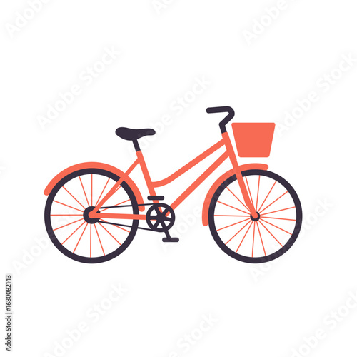 A stylized illustration of a coral-colored bicycle with a basket, set against a white background.