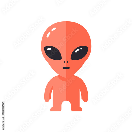 A small, reddish-orange alien figure with large black eyes stands against a white background.