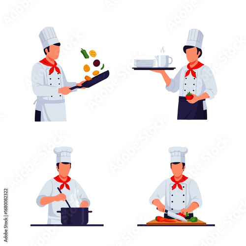 A professional chef skillfully prepares a delicious meal, showcasing various cooking stages from sautéing vegetables to plating the final dish.