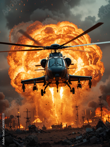 Action shot with helicopter hovering in the air over flame and explosions. Dynamic scene in action movie blockbuster style.