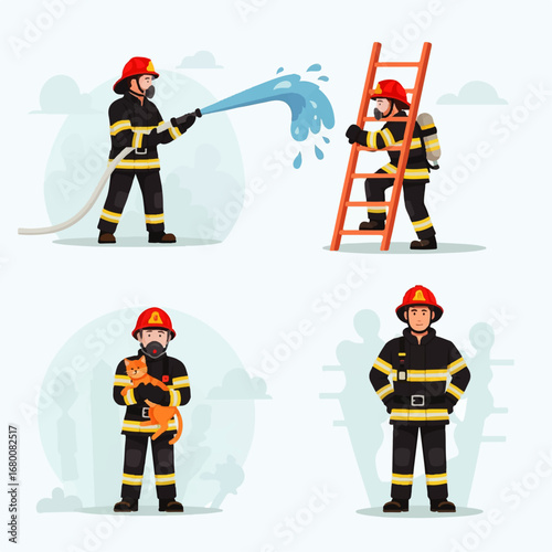 Brave firefighters in action, extinguishing flames, rescuing a cat, and climbing ladders, showcasing heroism and dedication.
