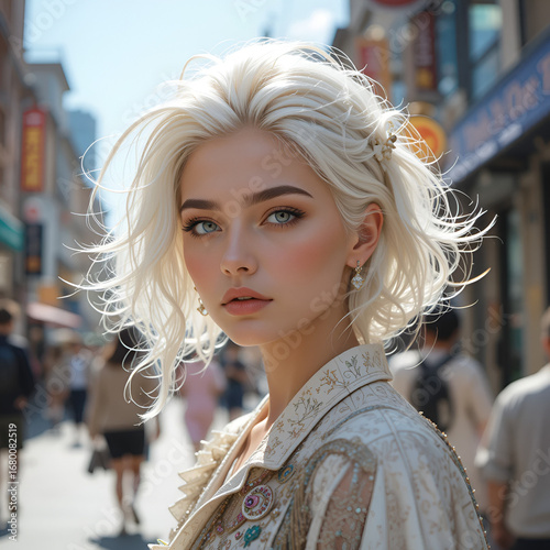 Amidst the bright sunlight on the bustling street, a human face with a portrait-like quality stands out, adorned with striking white hair and clothing, exuding a sense of grace and poise in the outdo