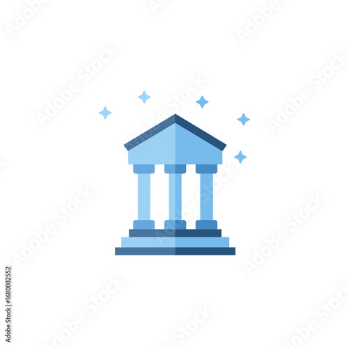 Stylized illustration of a classical temple-like building, outlined in light blue, with a pedestal and columns, set against a white background.