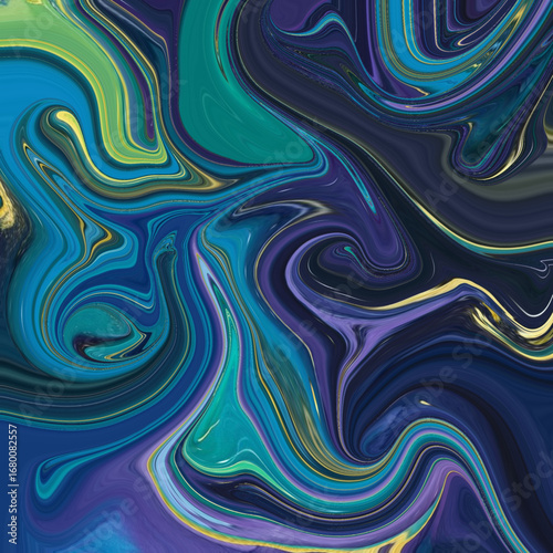 Abstract liquid art with deep blue, green, and purple swirls, a vibrant marble texture with motion and energy, perfect for digital backgrounds and design projects.