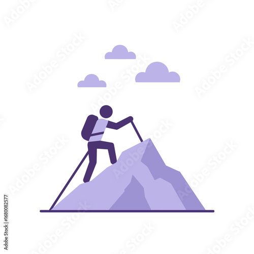 A simple illustration of a person hiking up a mountain peak with trekking poles.