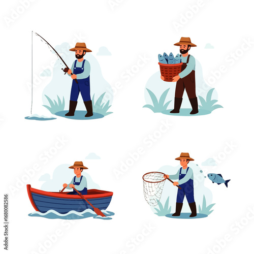 A hardworking fisherman diligently fishes, rows his boat, and carries a basket of freshly caught fish, showcasing a day of peaceful rural life.