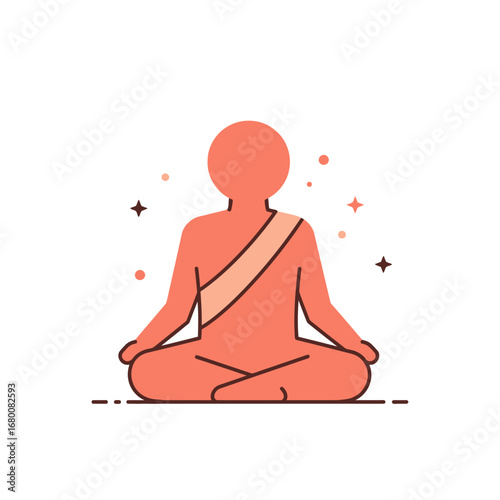 Simplified illustration of a person in a lotus position, meditating with a sash and surrounding sparkles.