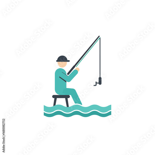A stylized illustration of a person fishing while sitting on a stool in wavy water, holding a fishing rod.