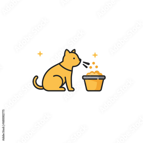 A yellow cat sits near a bowl of food, with sparkling effects around the bowl.