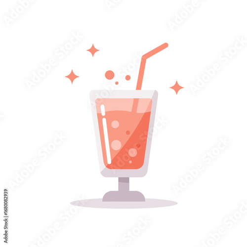A refreshing, stylized illustration of a tall glass filled with a fizzy, pink beverage, and a straw.
