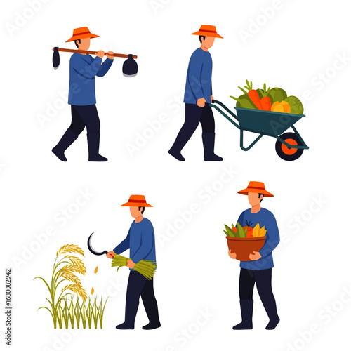 A hardworking farmer cultivates his field, harvesting rice and transporting a bountiful crop of vegetables in a wheelbarrow.
