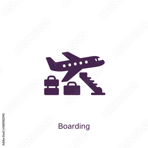 Airplane icon with luggage and boarding stairs, symbolizing travel and departure.