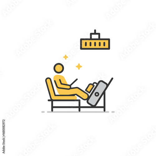 A person reclining in a chair, using a tablet, with a light fixture above.