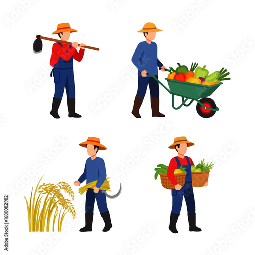 Four hardworking farmers cultivate their land, harvesting rice, vegetables, and transporting their bounty in a wheelbarrow, symbolizing agricultural abundance.