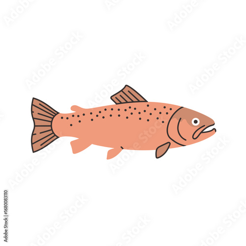 Illustration of a brown trout fish with spots and fins, swimming to the right.