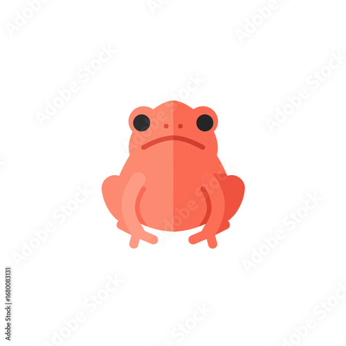 A stylized, coral-colored frog sits facing forward with a simple, flat design on a white background.