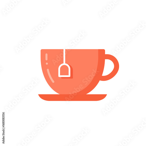 An illustration of a coral-colored teacup with a tea bag tag hanging over the side, sitting on a saucer.