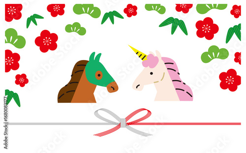 競走馬と一角獣のめでたい背景イラスト素材