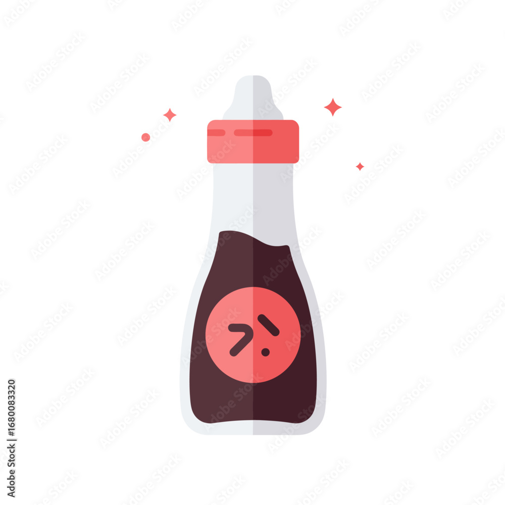 Obraz premium Soy sauce bottle with red cap and label, surrounded by small sparkles.