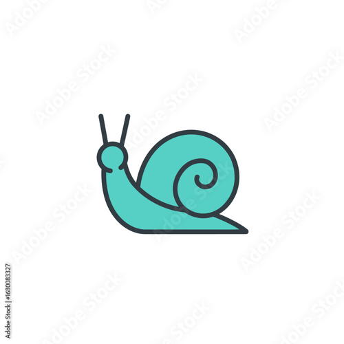 A stylized teal snail with a spiral shell and antennae, isolated on a white background.