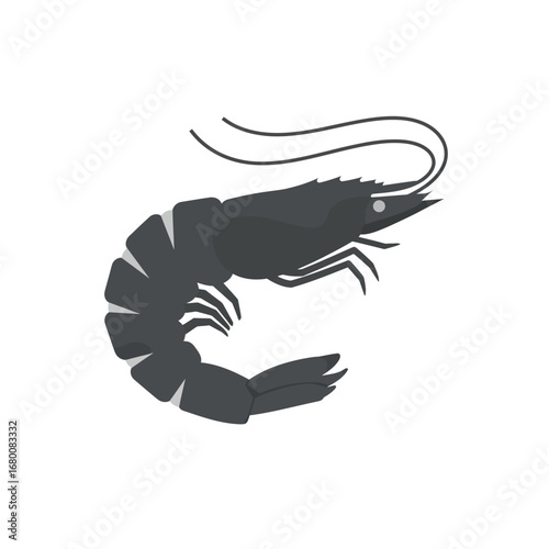 A stylized illustration of a dark shrimp, depicted against a plain white background.