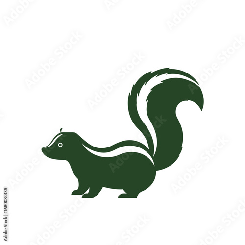 Silhouette of a skunk standing, with its distinctive white stripes on its back and tail.