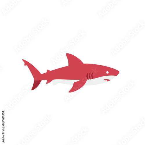 A stylized illustration of a red shark swimming, with a white underbelly and a simple design.