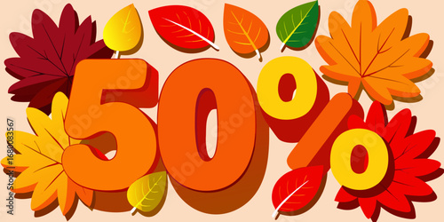 Fifty percent off autumn sale with colorful leaves