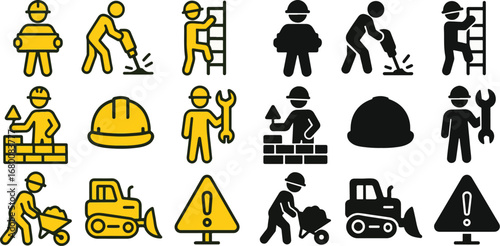 Construction workers symbols set displaying labor and safety on the job site for builders and contractors