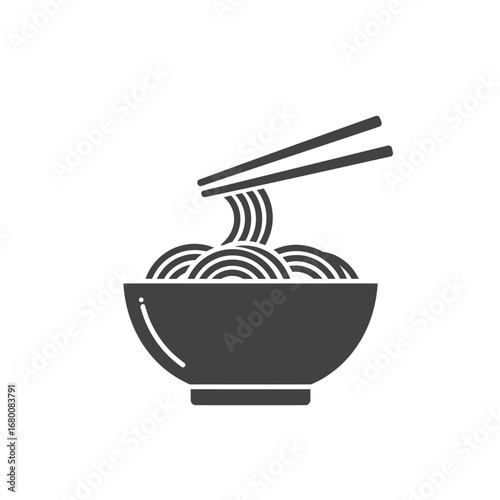 A monochrome illustration of a bowl filled with noodles being lifted by chopsticks.
